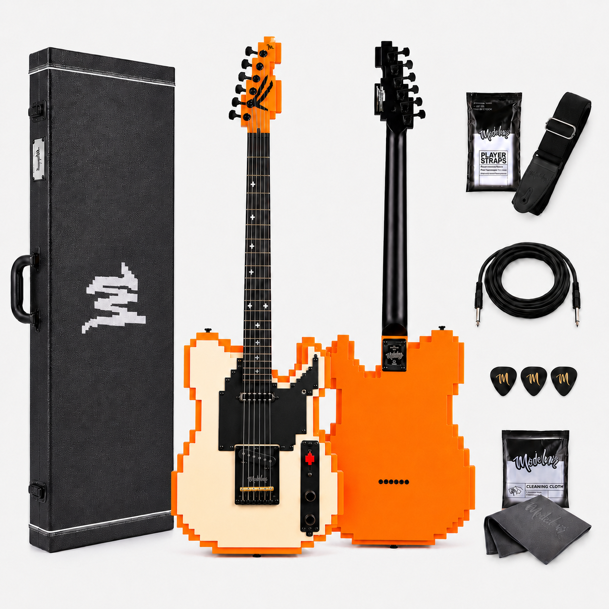 Mojolnir Stage-T Pixel Electric Guitar, Original 8-Bit Inspired Design, Semi-Hollow Lightweight Build, MTL-50 Alnico Pickups, Brass Compensated Bridge, Hard Case Included